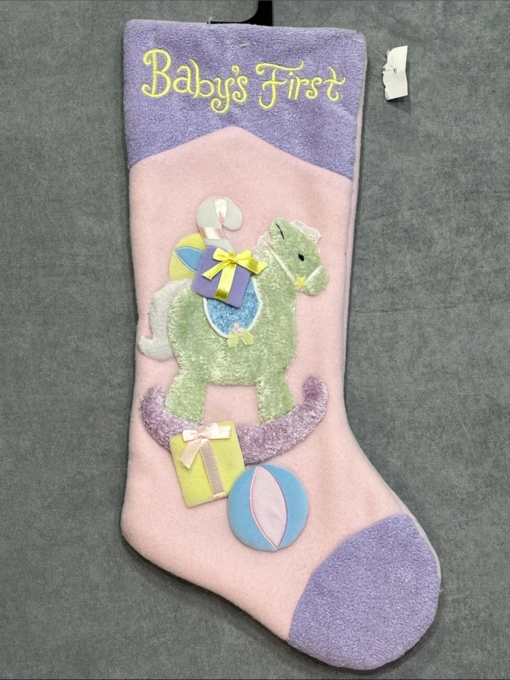 Baby’s First Christmas Stocking Pastel Rocking Horse Pink Purple 20” Vintage
